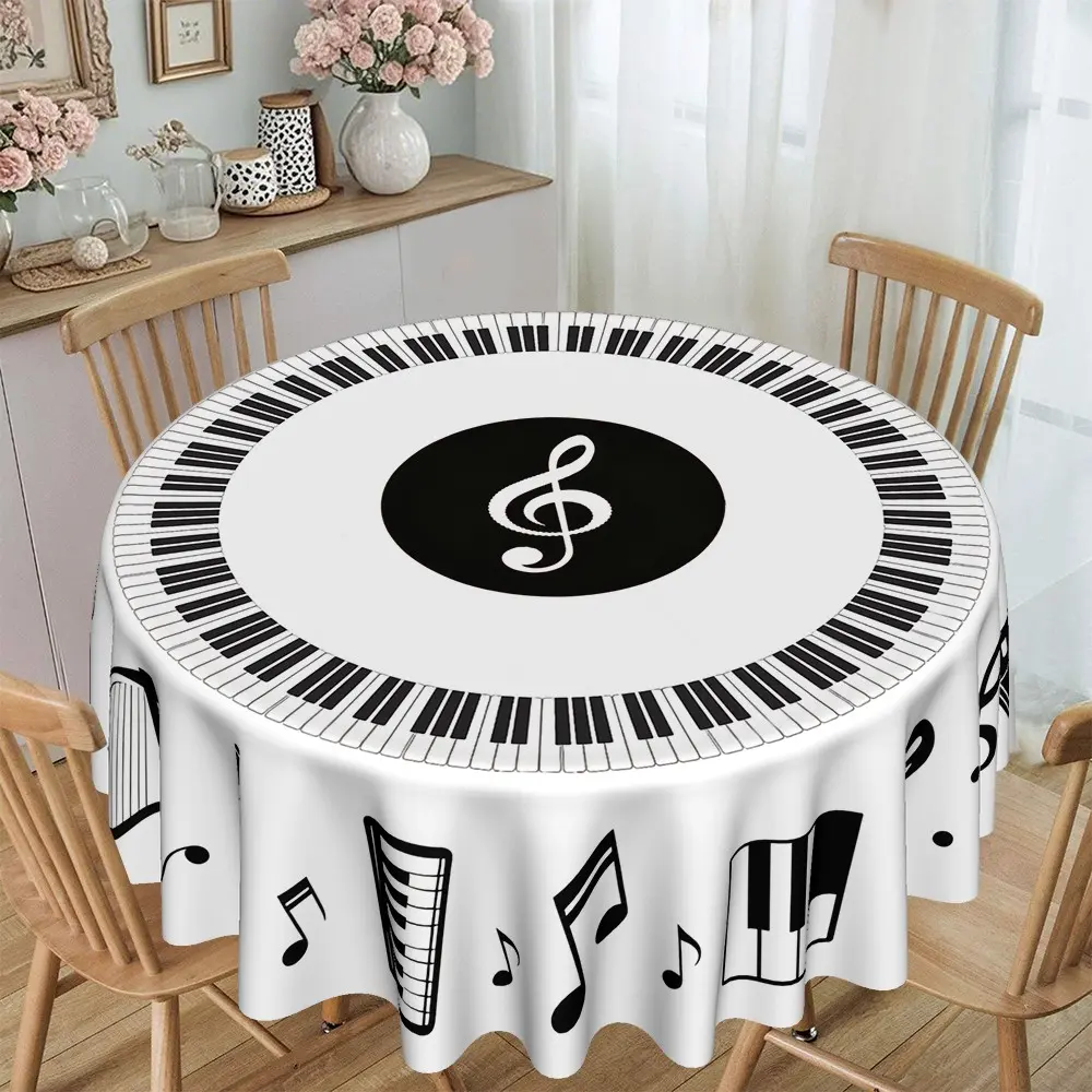 2D Flat Music Instrument Print Round Tablecloth, Furniture Protector, Party Decor for Casual Gatherings, Holiday Gift, Hotel Restaurant Kitchen Home Use