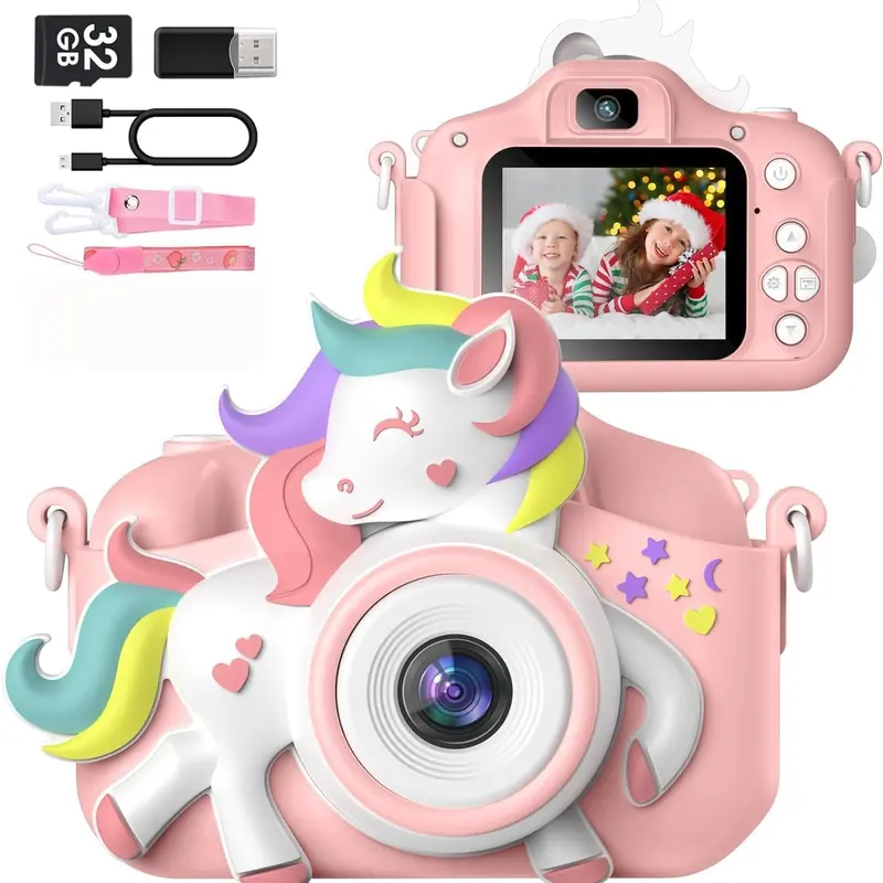 [Halloween Gifts]Gofunly Kids Digital Camera - 1080P HD, 32GB SD Card, Rechargeable, IPS Screen, Camera Lens, Pink Portable Electronic Gift Set, 3-12 Year Olds Photobooth Party Holiday Toy Gift, Digital Cameras, Puzzle Games