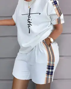 Plaid Print Splicing Two-piece Set, Faith Print Short Sleeve Tops & Pocket Shorts Outfits, Women's Clothing