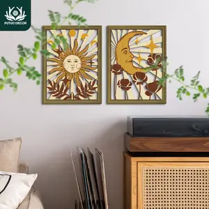 Boho Style Sun & Moon Pattern Wooden Painting Decoration, Sun Moon Print, 2 Counts/set Bohemian Wall Art Decor for Home Farmhouse Living Room Bedroom Office Studio Cafe Coffee Shop, Ornaments