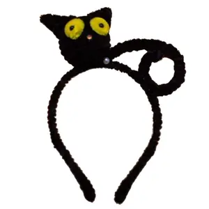 Handmade Fuzzy Black Cat Curly Tail Halloween Headband with Bat, Pumpkins and Pompoms Decorations