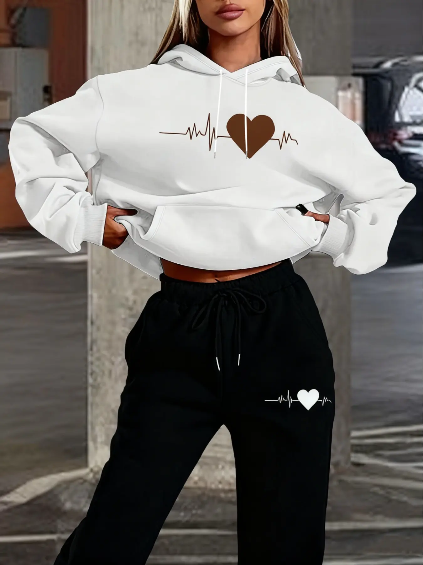 🔥"Heartbeat Love" Graphic Cropped Hoodie & Joggers Set | White/Black Streetwear Loungewear with Romantic Print | Trendy Outfit for Romance Fans & Street Style Enthusiasts | Comfortable & Stylish