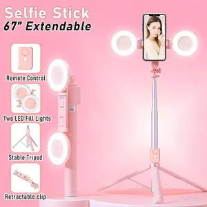Pink Double Light Model (66.9 in) 6-in-1 Portable Smartphone Selfie Stick Tripod, Detachable Cellphone Accessory with Dual LED Fill Lights, Wireless Bluetooth Remote, 360° Adjustable Stand for TikTok Live Streaming, Vlogging