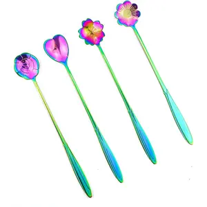 Flower Spoon Set of 4, 7 Inches Stainless Steel Reusable Cute Tea Spoon for Drink Mixing Milkshake Jam (Rainbow)
