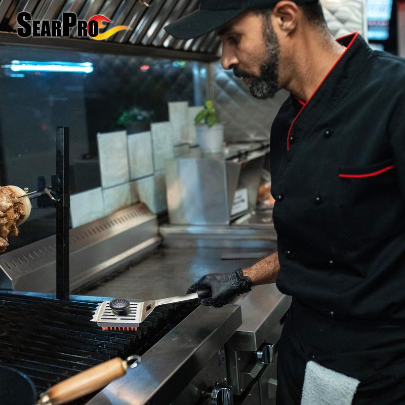 SearPro 4-in1 Grill Brush Spatula BBQ Cleaner Scraper Barbecue Tool Accessories Kit Heat Resistant Nylon Bristle Spatula Outdoor Smoker Black Stone Grate Cast Iron Spatula Non-Wire Brush Combo