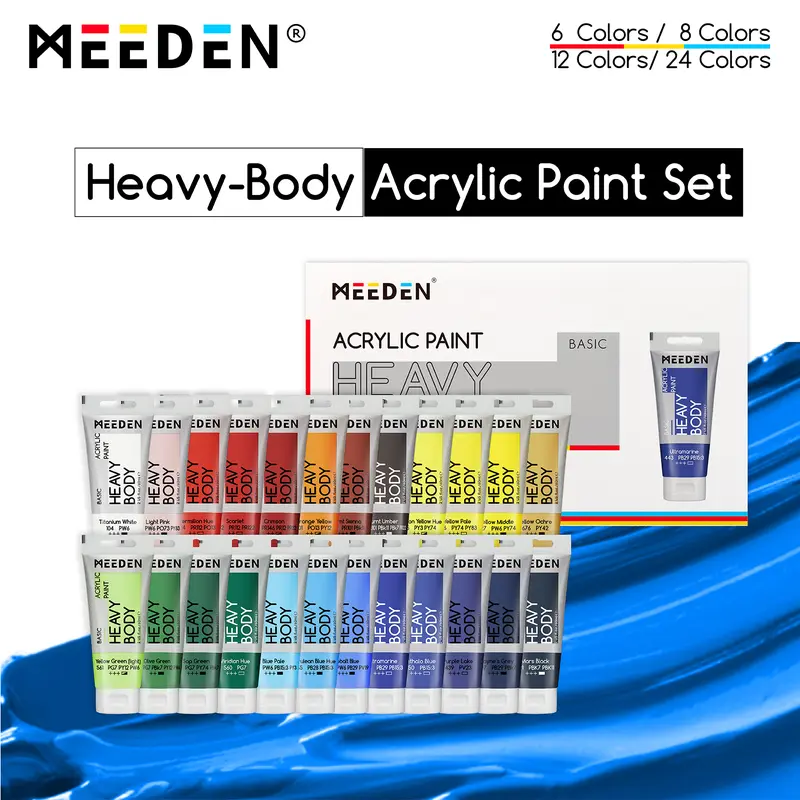 MEEDEN 24x60ml Heavy Body Acrylic Paint Basic Set - Water-Based Non-Toxic Art Drawing Supplies for Adults - DIY Painting Supplies with Rich Pigment, Textured Layering, Works on Wood/Rock, Canvas, Clay