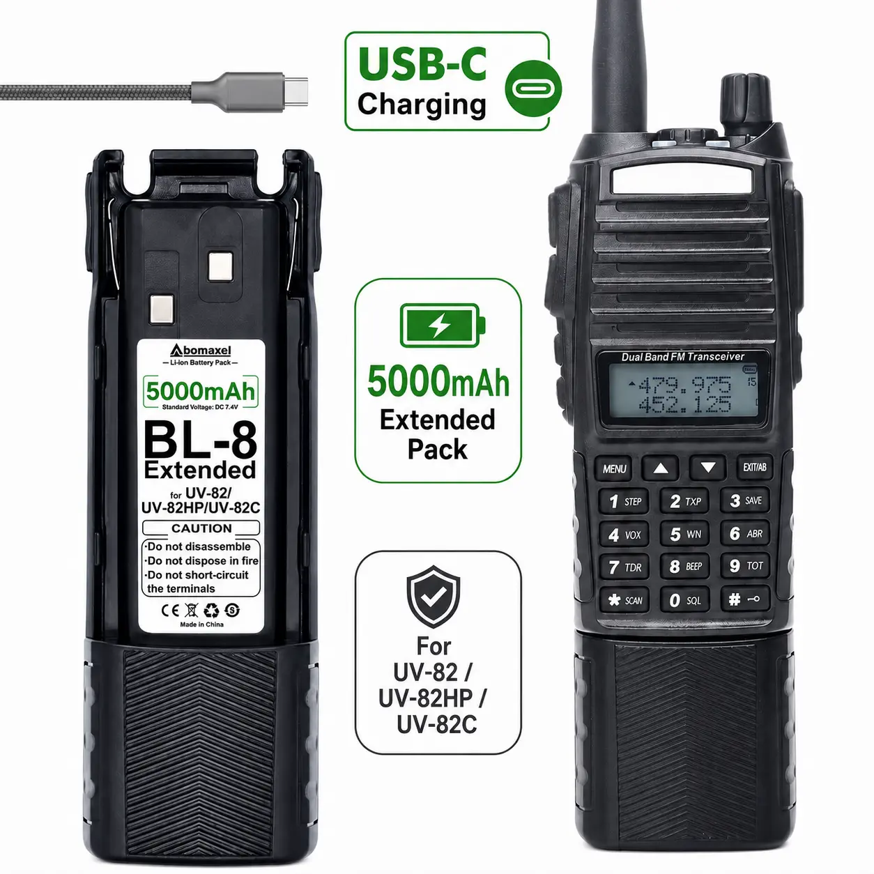 BL-8 High Capacity Li-ion Cell Batteries for UV-82/UV-82C/UV-82HP Walkie Talkies, 5000mAh, Built-in USB-C Charging, Drop-in Replacement Cells, 7.4V