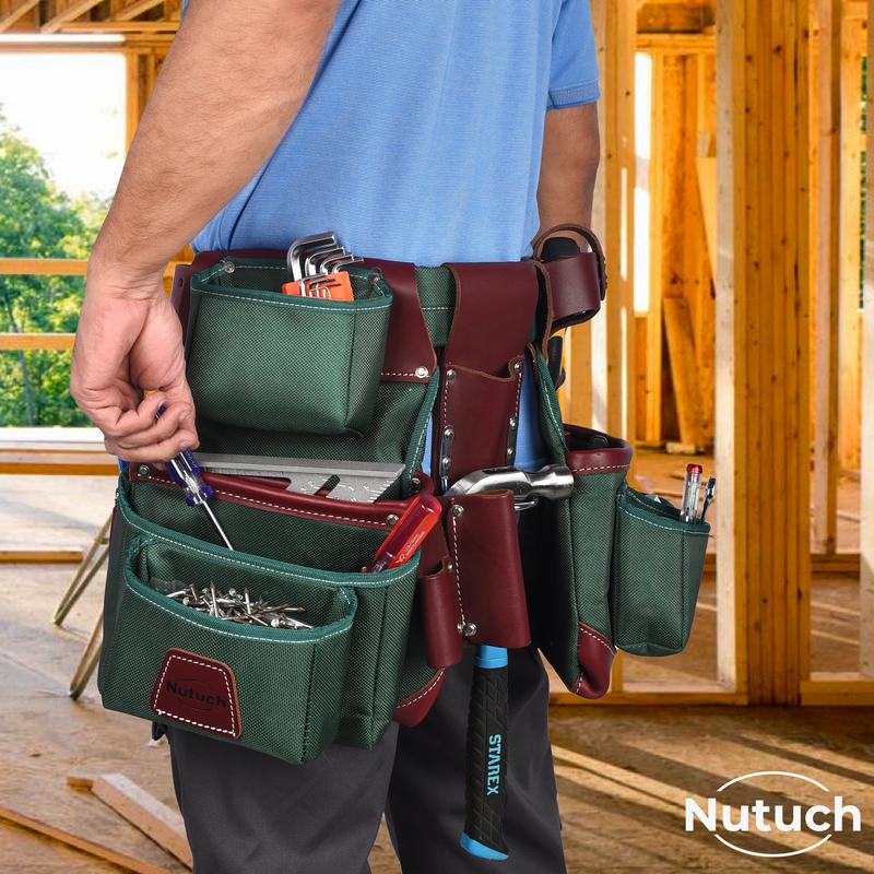 NUTUCH Green Heavy Duty Nylon and Leather Tool Belt for Carpenters, Framers, and Electricians