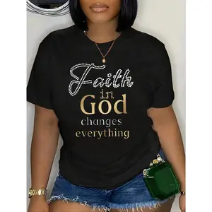 Women's Faith in God T-Shirt Black Crew Neck 100% Cotton Inspirational Golden Glitter Lettering Casual Tee