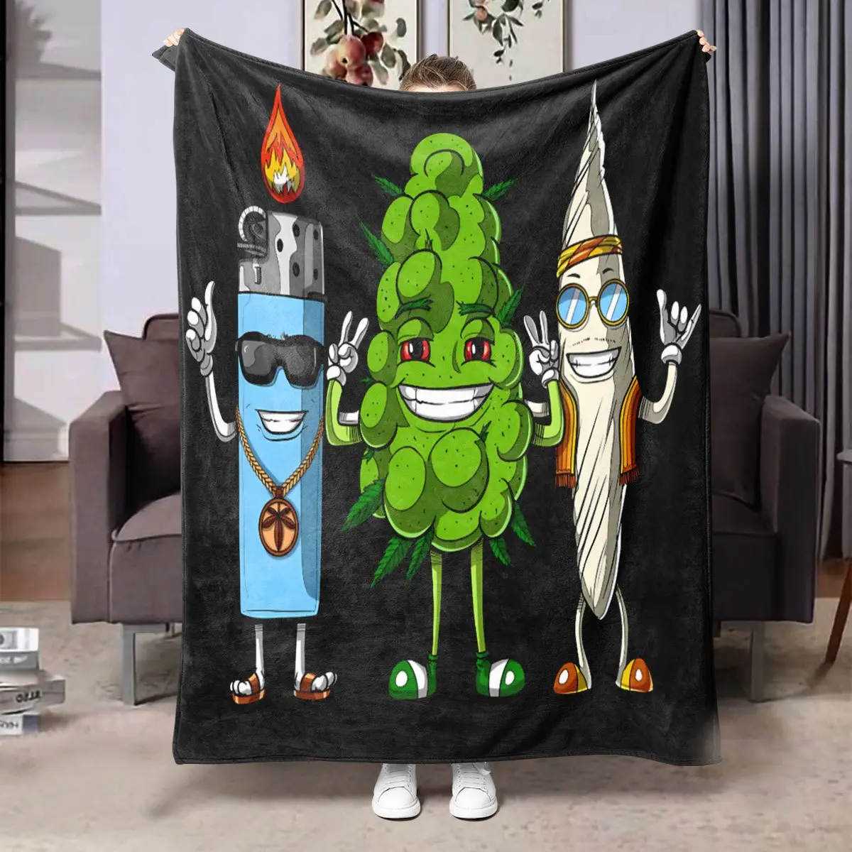Soft And Comfortable Weed Flower Bud Joint Lighter Design Flannel Printed Blanket - Machine Washable, All-Season Comfort, Suitable for Bed, Sofa, Travel, And Camping - Perfect Gift