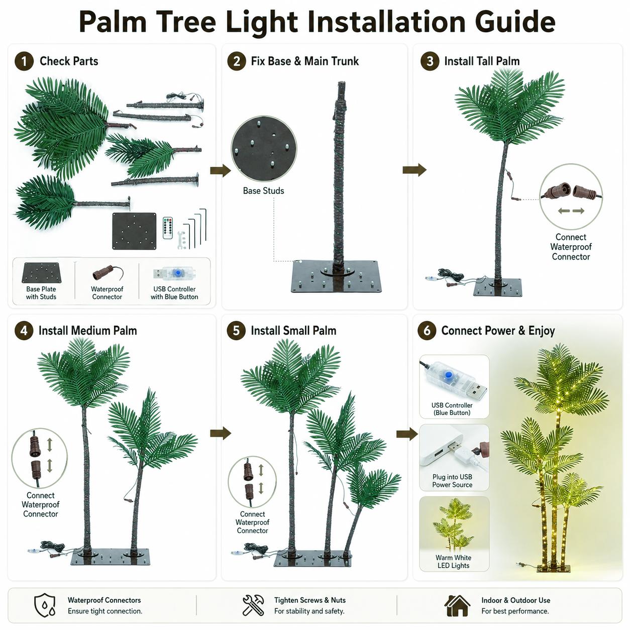 5-foot or 6-foot plastic LED faux palm tree — plug-in colorful outdoor landscape ambient light, tree-shaped Hawaiian-themed decor, suitable for outdoor patios, holiday parties, outdoor landscape lighting, and ambient lighting