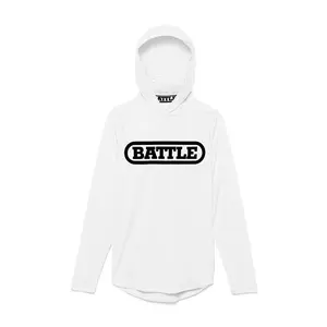 Battle Sports Light Action Face Mask Hoodie Raglan Cut Long Sleeve Fitted Autumn Casual Minimalist Style White Black Logo