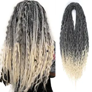24 Inch 15 Strands DE Dreadlock Extensions Sets, 3 In 1 Mixed Gray to Blonde Synthetic Double Ended Dreads Extensions, 100% Handmade Soft DE Curly Boho Wavy Dreads for Girls