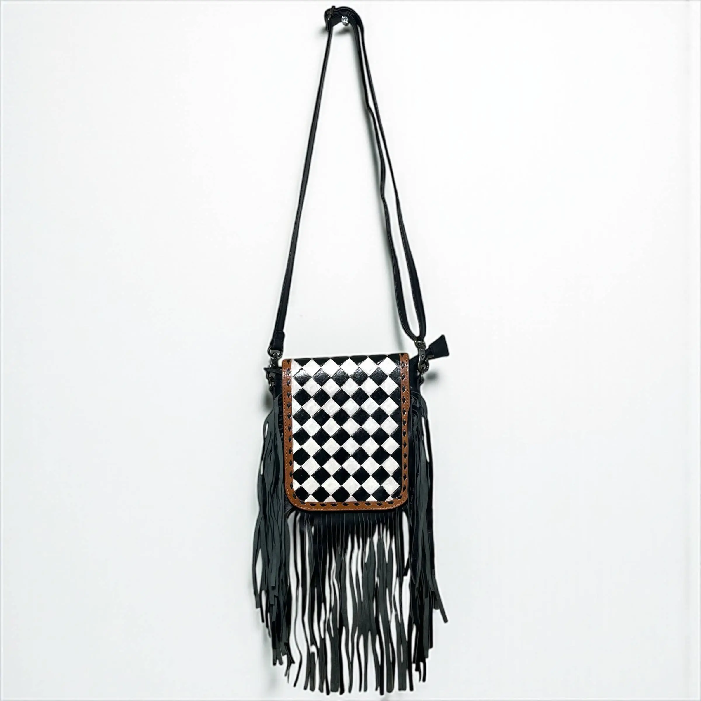 Checker tooled leather crossbody bag 