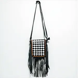 Checker tooled leather crossbody bag 