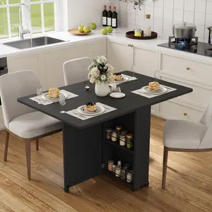 Folding Dining Table with Storage, Compact Kitchen Table with 6 Wheels, Drawer & Shelves for Small Spaces