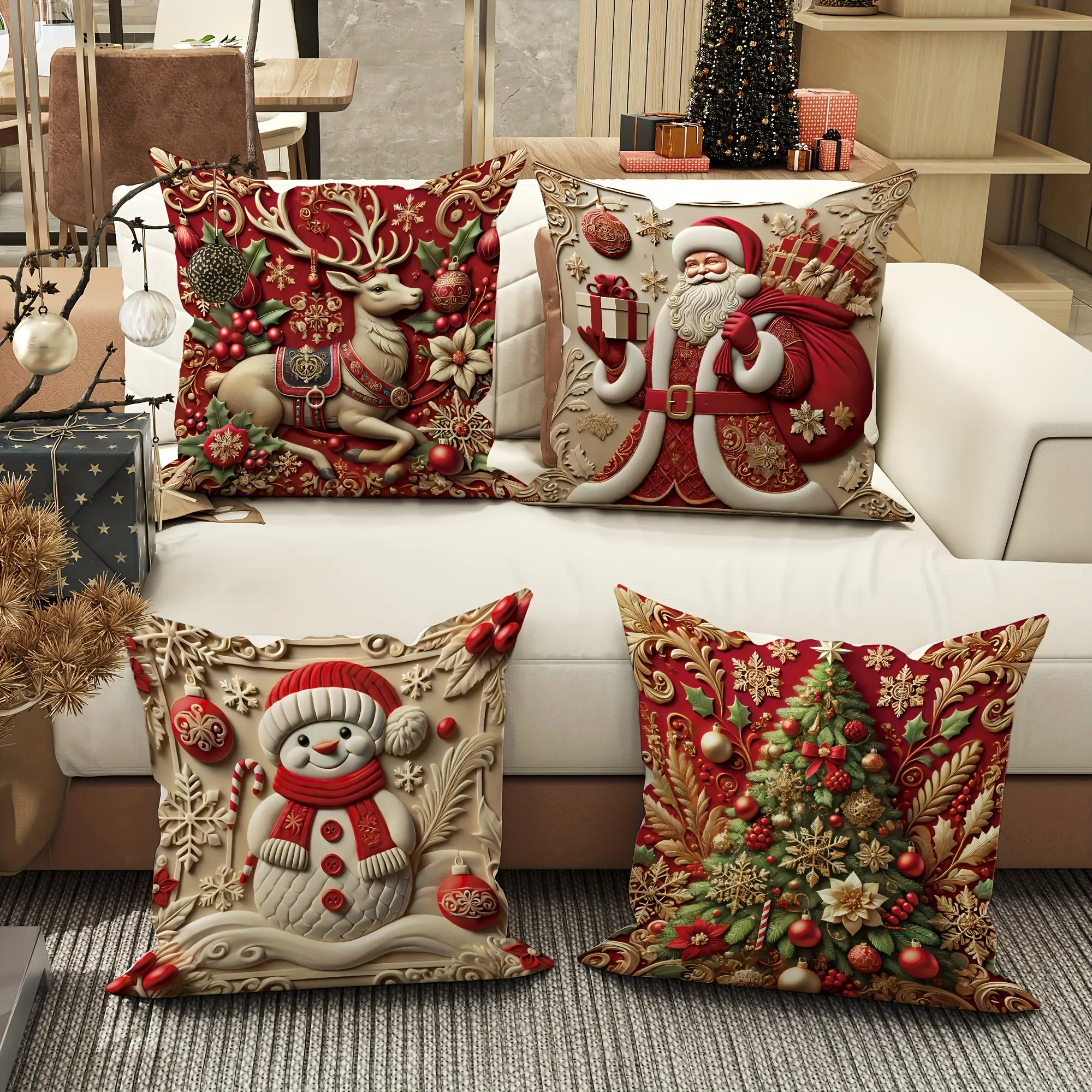 4-pc Theme Set Decorative Cushion Covers, Reindeer & Santa Polyester Christmas Vibrant Designs, Zipper Secure Fit, Machine Washable, Modern Living Room Sofa Decor, Pillow Core Not Included