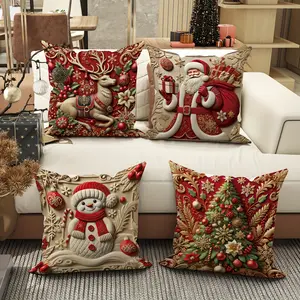 Christmas 4pcs Holiday Pillowcase with Santa Claus, Christmas Tree, Snowman, and Reindeer - Polyester Decorative Pillowcase, Suitable for Sofas and Living Rooms, Modern Style Zipper Cushion Cover, Machine Washable - Pillow Core Not Included