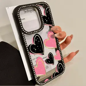 Designed with black and pink hearts, drop-proof and stain-resistant, studded with diamonds, a cute gift for girls and women, shiny phone case, suitable for iPhone 17 16 15 14 13 12 11, a holiday gift for friends, family, and yourself