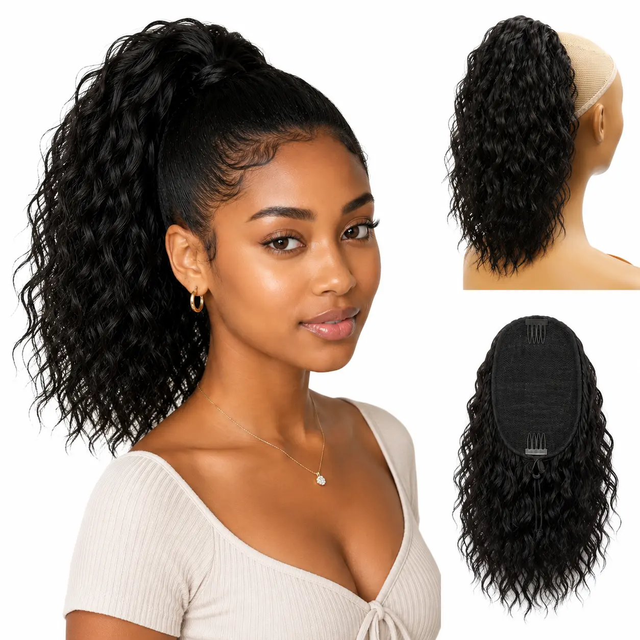 Drawstring Ponytail Extension, Curly Synthetic Hairpiece, Fluffy Natural Look