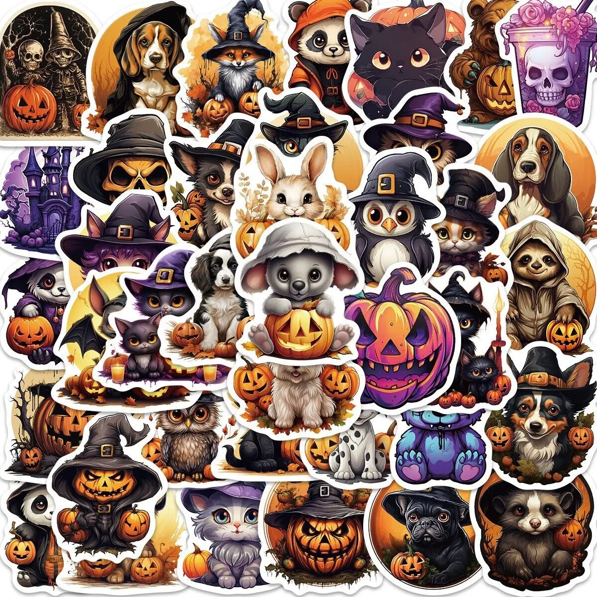 50 Pcs Halloween Mix Stickers - Vinyl for Laptop, Luggage, Skateboard & Car - Ideal for Halloween Decor with Festive Pumpkin and Animal Designs