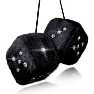 Black Fuzzy Dice with Rhinestones - Hanging Car Accessories for Women and Girls