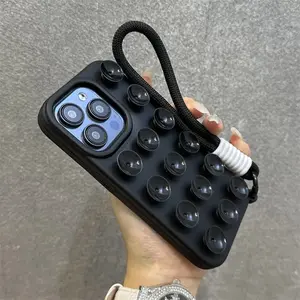 Fashion Cute Candy Liquid Silicone Suction Cup With Wrist Strap Case For iPhone 17 15 14 11 12 13 16 Pro Max Solid Color Cover Gadget Holder