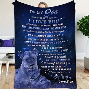 1pc Gift for Son - Modern Inspirational Lion & Cub Print Flannel Blanket, Soft All-Season Throw for Camping Travel Home Office, Birthday Gift for Boys Girls Adults