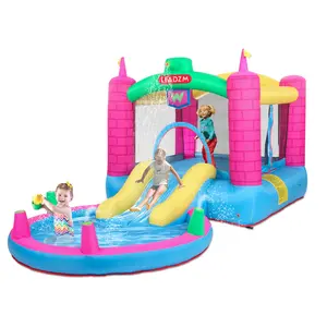 Pink & Blue Inflatable Water Slide Bounce Castle with Blower, 420D/840D Oxford Fabric Tank-Style Water Park, 380×200×180cm Outdoor Playground Inflatable Toy