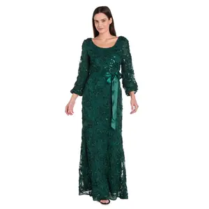 3D Floral V-Neck Evening Gown with Balloon Sleeves and Satin Waist Bow