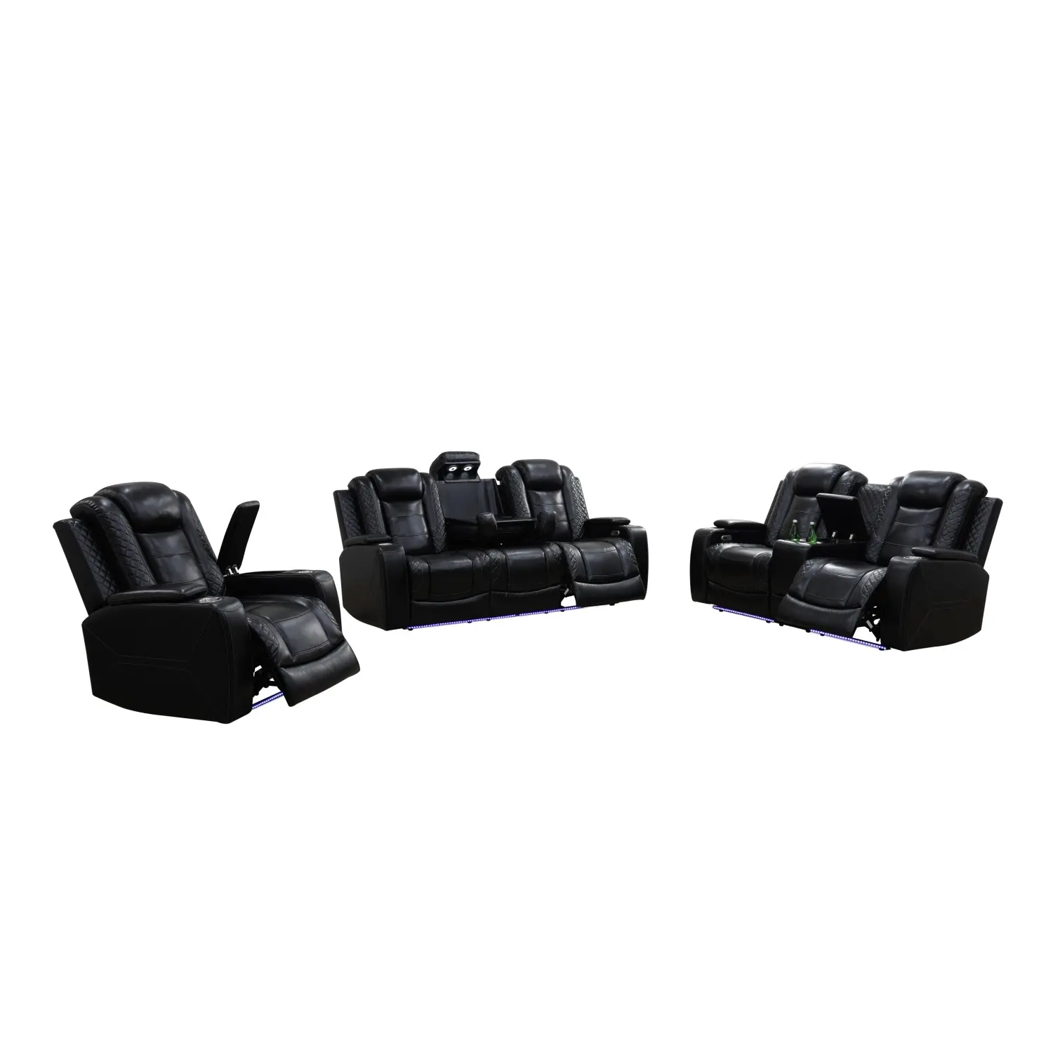 Black PU Leather Dual Motor Power Recliner Sofa Set - 3+2+1 Seater Home Theater Reclining Furniture with Adjustable Headrests, Ambient LED Lighting, Cup Holders, USB & Type-C Charging Ports，GN4648