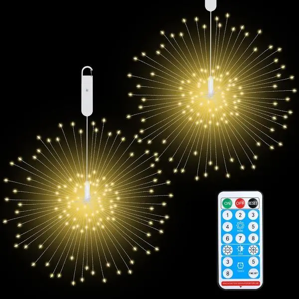 Outdoor Lights Firework 120 LED Waterproof 8 Modes with Remote Wedding Decorative Hanging Lights for Party Patio Garden Warm White 2 Pack