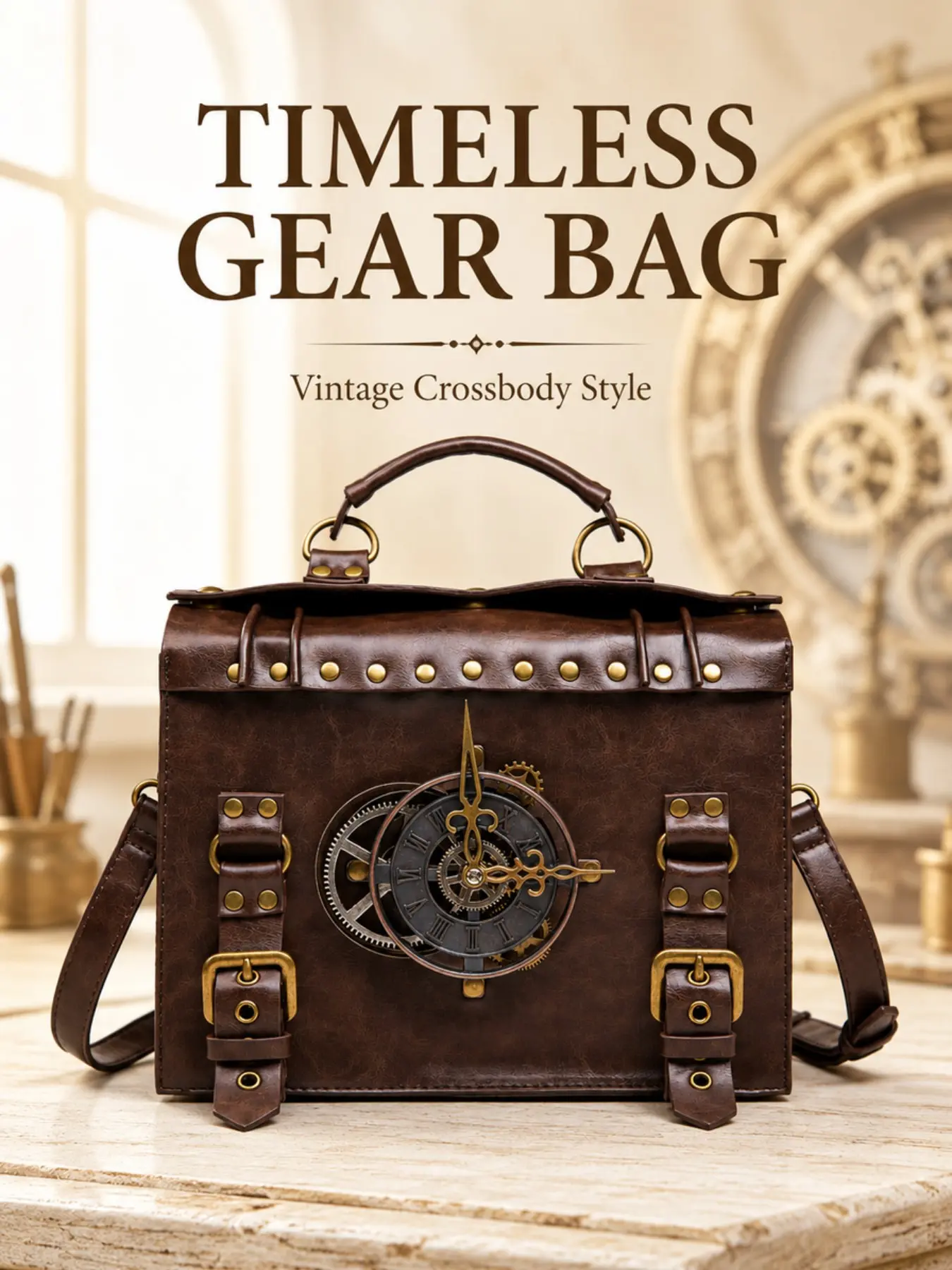 1pc Vintage Steampunk Handbag  Clockwork Crossbody Shoulder Bag with Antique Brass Hardware, Large Capacity Gothic Satchel Purse for Travel, Cosplay, Daily Use, Work, Dating & Unique Gift for Her