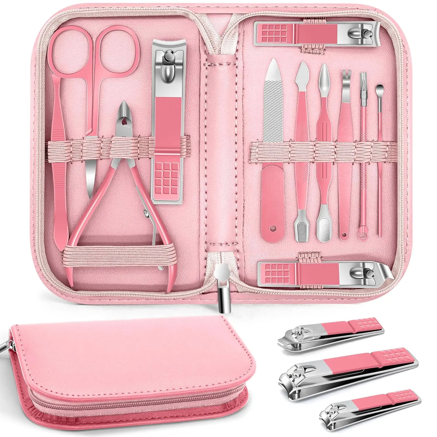 Manicure Pedicure Set, 12 Pcs Nail Care Kit for Women, Mens Nail Grooming Kit, Manicure & Pedicure Tools & Accessories, Pink Nail Kit Manicure Set Luxury Leather Case for Home Salon Use