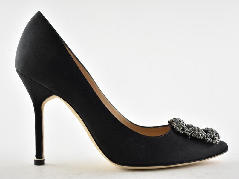 Manolo Blahnik Hangisi 105 Black Satin Crystal Jewel Buckle Classic Heel Pump