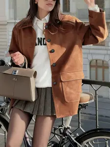 Autumn Winter New Vintage Soft Suede Velvet Mid-Length Coat, Loose Fit Concealing Slimming Casual Womenswear Jacket, Button Front Plain Style Outerwear