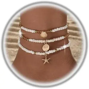 Starfish Shell Ankle Bracelet Set for Women Adjustable  White Shell Anklet Set Hawaiian Beach Beads Anklets Summer Foot