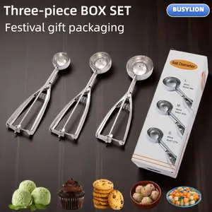 Set of three cookie spoons and dessert spoons (gift box), featuring small, medium, and large baking spoons, cookie dough spoons, and ice cream spoons. Suitable for making cookies, cupcakes, melon balls, meatballs, and ice cream.