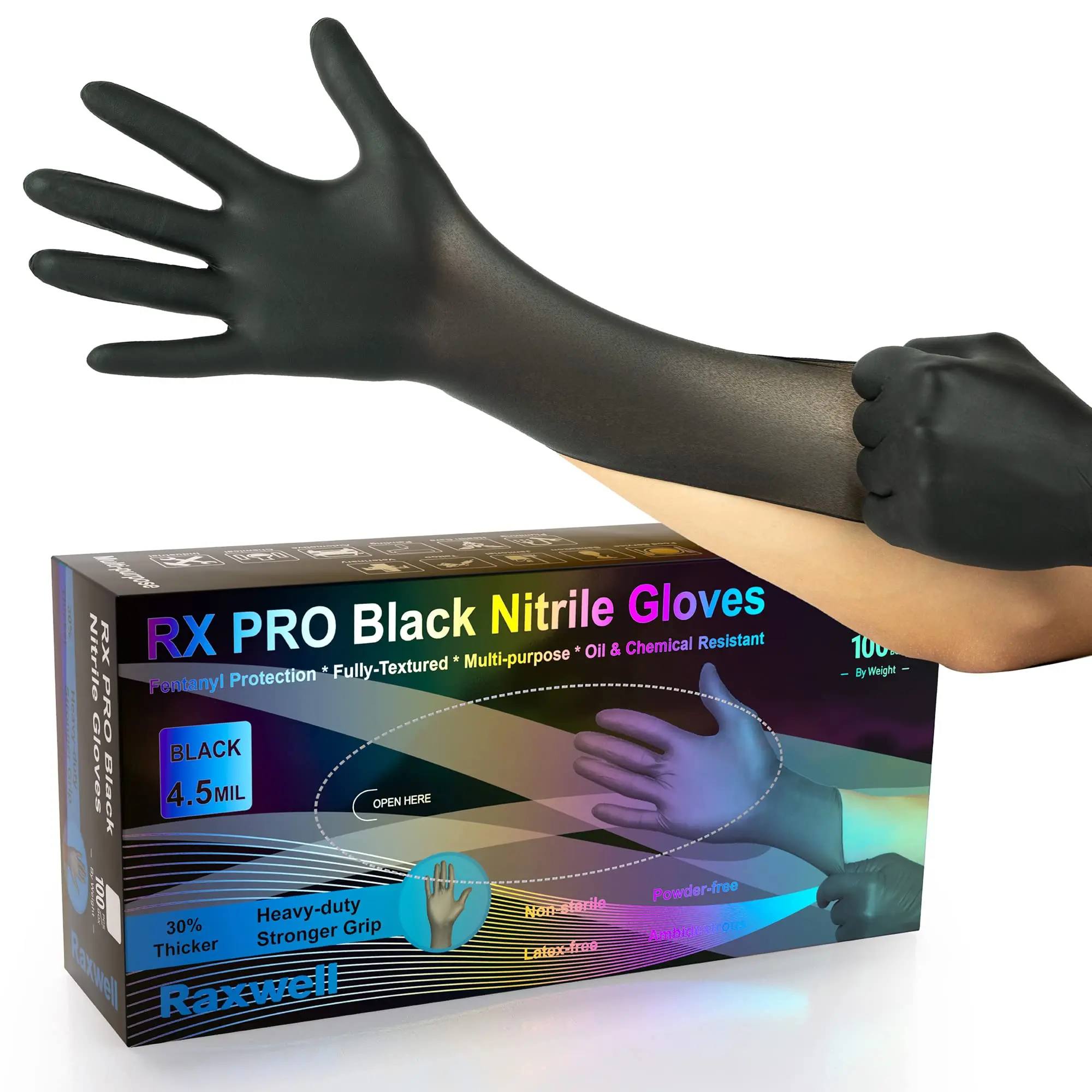 Raxwell Black Latex & Powder Free 4.5 Mil Nitrile Disposable Gloves | Food Grade Medical, Lab, Kitchen, Mechanic, Cleaning, Tattoo Work Gloves |
