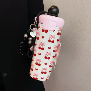 600ML Insulated Cup with Beaded Bracelet, Heart Bow Cherry Pattern, Stainless Steel Water Bottle, Leak-Proof Durable Coffee Mug, Thermal Flask, Insulated Drinkware