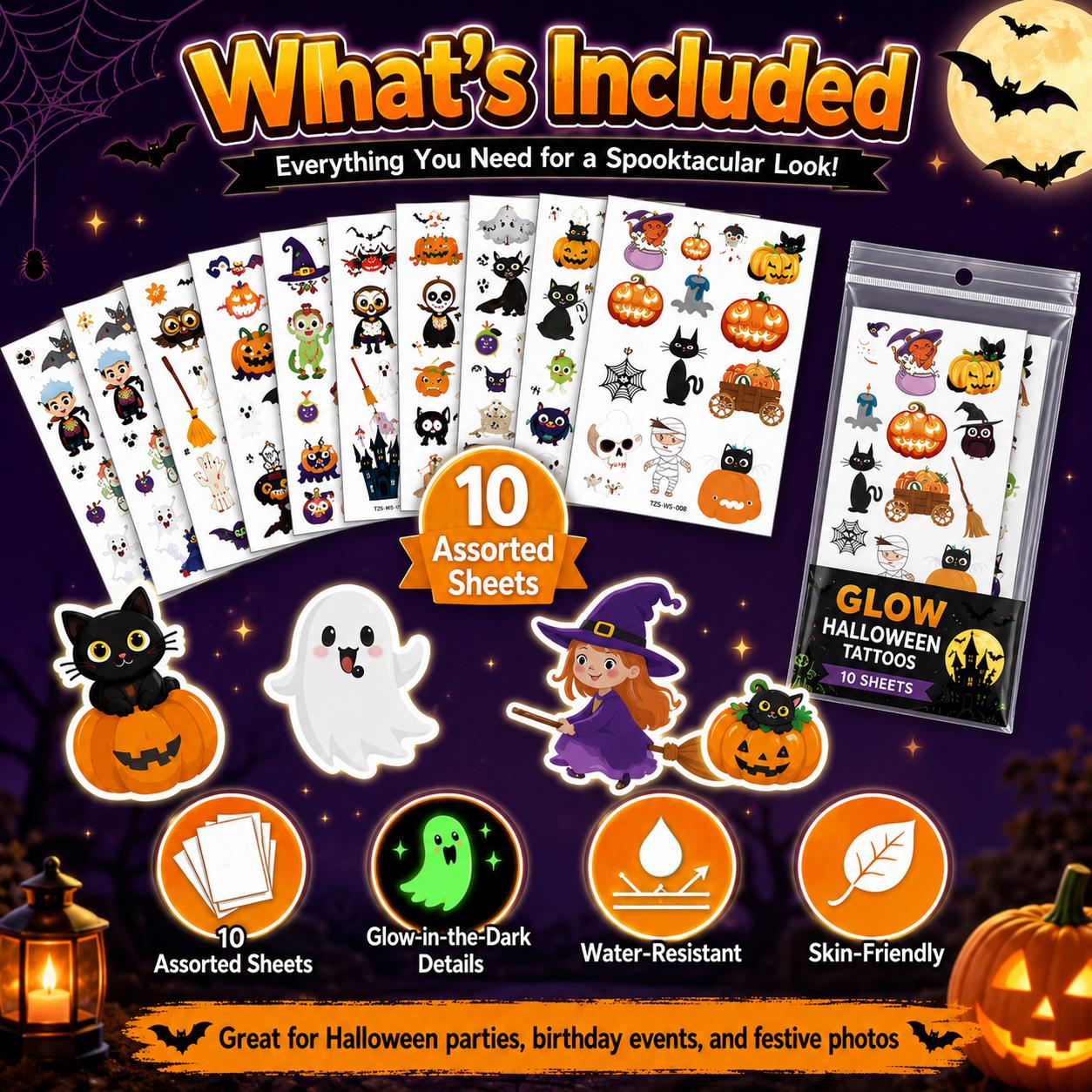 Luminous Halloween Cartoon Body Tattoo Decal Set, Long-lasting Water-resistant Holiday Stickers, Skin-friendly Temporary Decorations for Children Adults Halloween Dress-up, Birthday Party and Photo Shooting Luminous Halloween Cartoon Body Tattoo Decal Set, Long-lasting Water-resistant Holiday Stickers, Skin-friendly Temporary Decorations for Children Adults Halloween Dress-up, Birthday Party and Photo Shooting