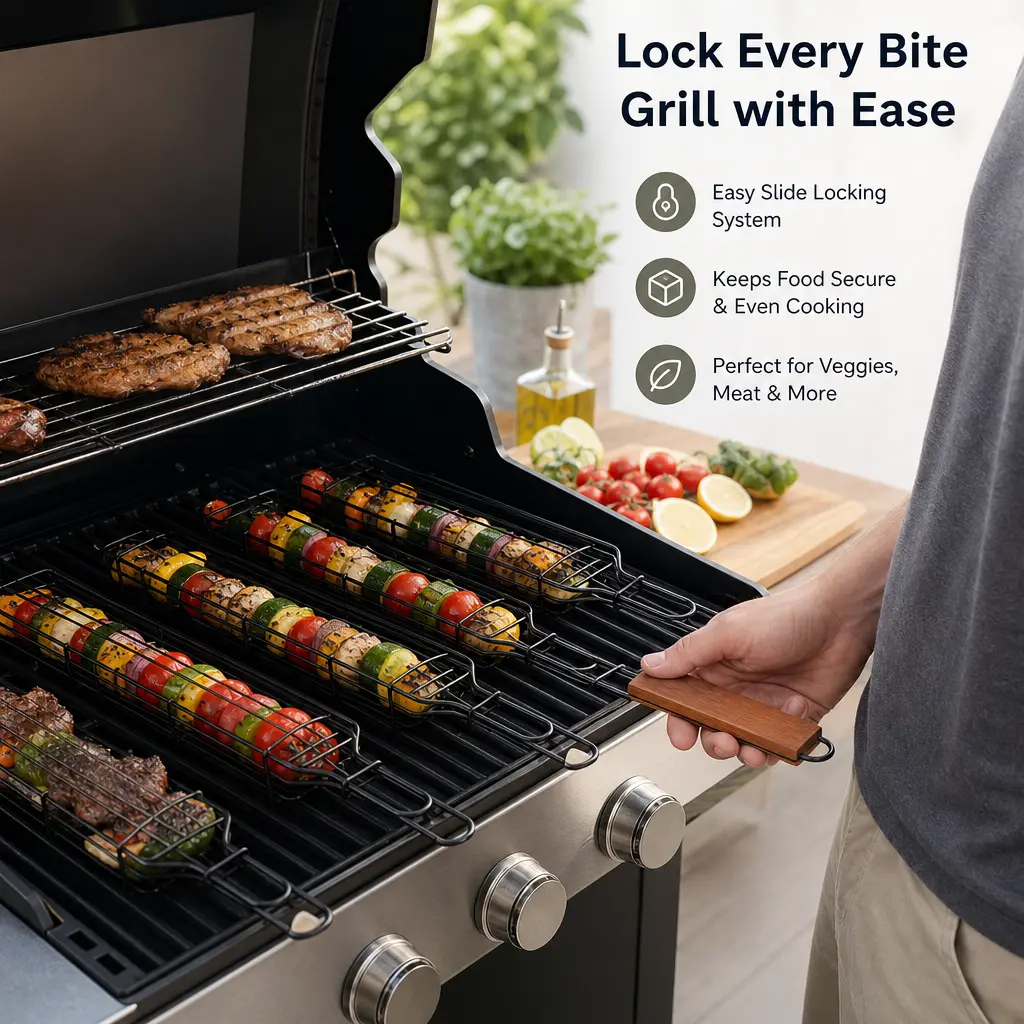 1-Count BBQ Grilling Wire Mesh Basket with Iron Frame, Wooden Handle, Slide Locking System, 49cm Rack for Outdoor Grill Vegetable and Meat Skewer Cooking, Single Unit