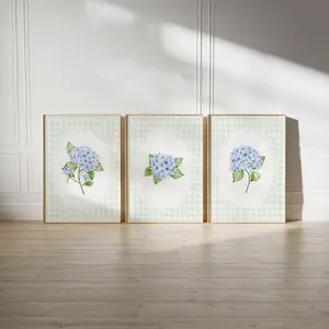 Hydrangea Print Set of 3 Poster, Blue and Green Grandmillennial Decor, Blue Floral Wall Art, Cottagecore Gingham Posters