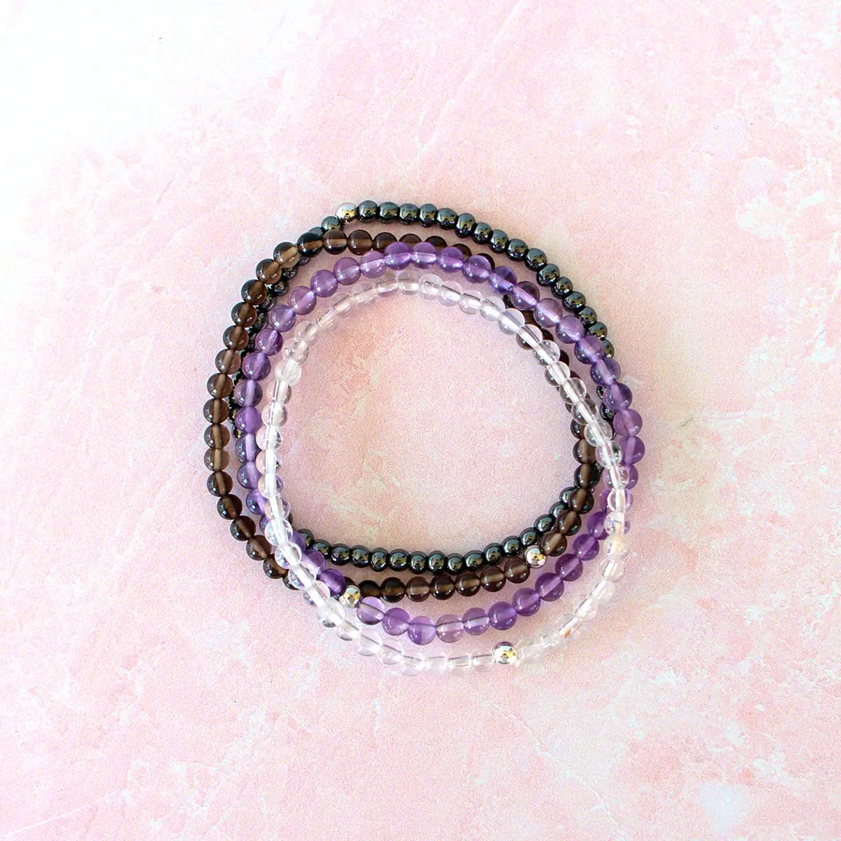 "Shield Your Energy" Natural Crystal Bracelet Set | Amethyst, Smoky Quartz, Hematite & Clear Quartz | Dainty, 4mm