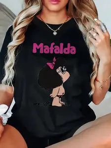 Raglan Sleeve Black Mafalda Cartoon Print Casual Summer, Personalized T-Shirt, Unisex, USA Made