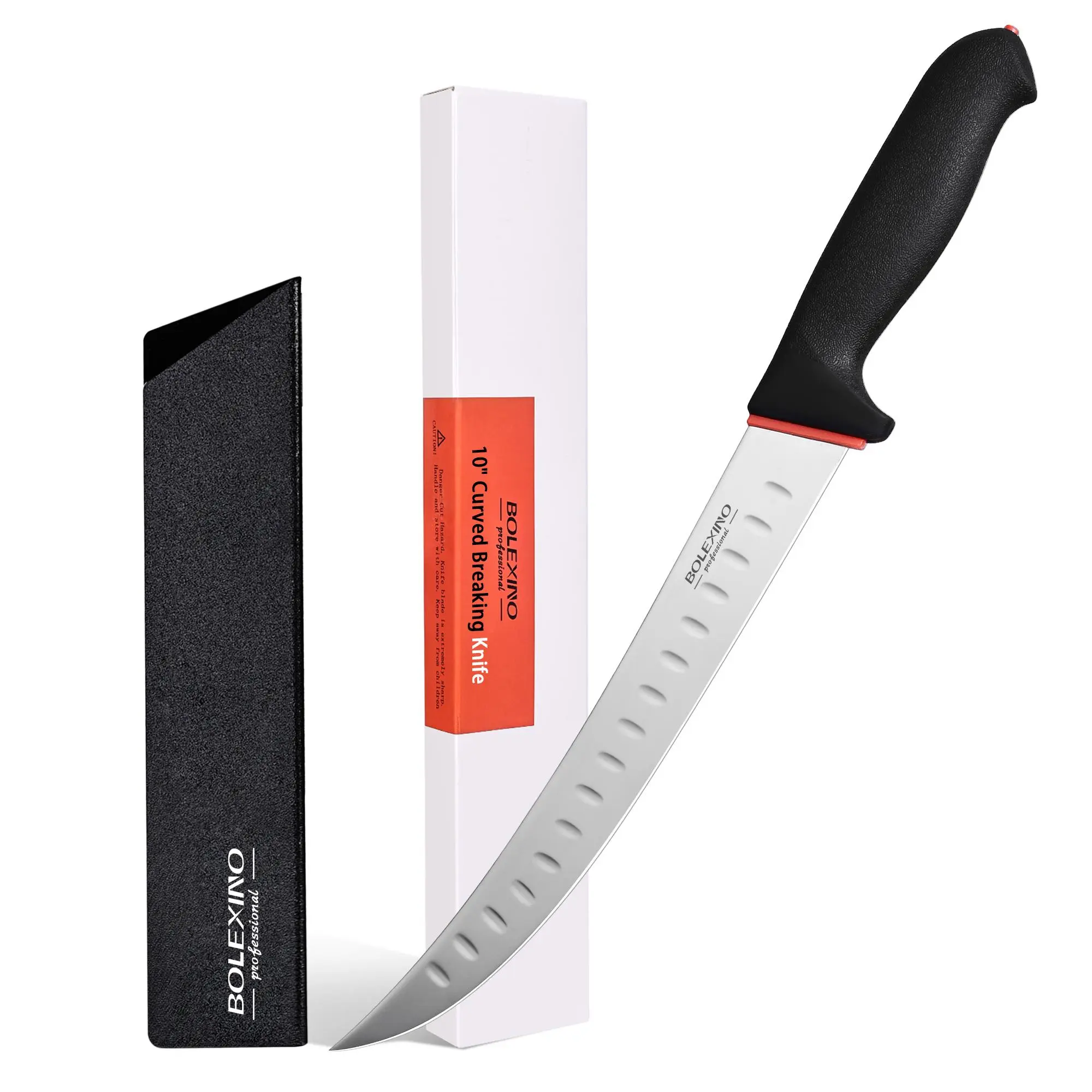 BOLEXINO 10-in Ergonomic Curved Breaking Butcher Knife with Sheath, SoftGrip Handle, Corrosion-Resistant High Carbon Stainless Steel Blade - Sharp Kitchen Knives for Meat Prep, Butchering