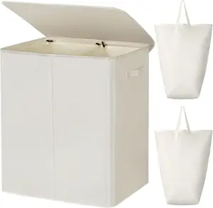 140L Double Laundry Hamper with Lid and Removable Laundry Bags, Large Dirty Clothes Hamper 2 section Collapsible Laundry Basket Dorm Room Storage for Bedroom, Bathroom, College,Beige