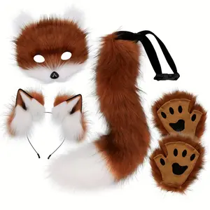 4-Piece Adjustable Faux Fur Fox Mask Costume Set with Bendable Tail, Ears, Headband, and Gloves Halloween/Christmas Role Play Carnival Party