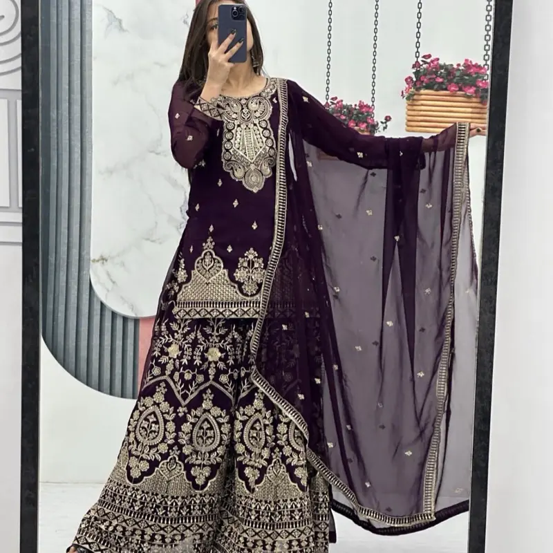 Women's Indian Panjabi Suit in Rich Purple with Intricate Embroidery and Matching Dupatta, Original Clothes for Festive Wear, Asian, Lady, Party, Evening, Loose-Fitting