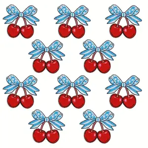 5/10pcs Blue & Red Cherry Embroidery Patches with Ribbon Bows - Iron-On or Sew-On DIY Decorative Cloth Stickers for Clothes, Shoes, Hats, Bags, Embroidery Supplies, Hat Decoration, Vibrant Embellishment, Detailed Stitching, Handmade Lovers